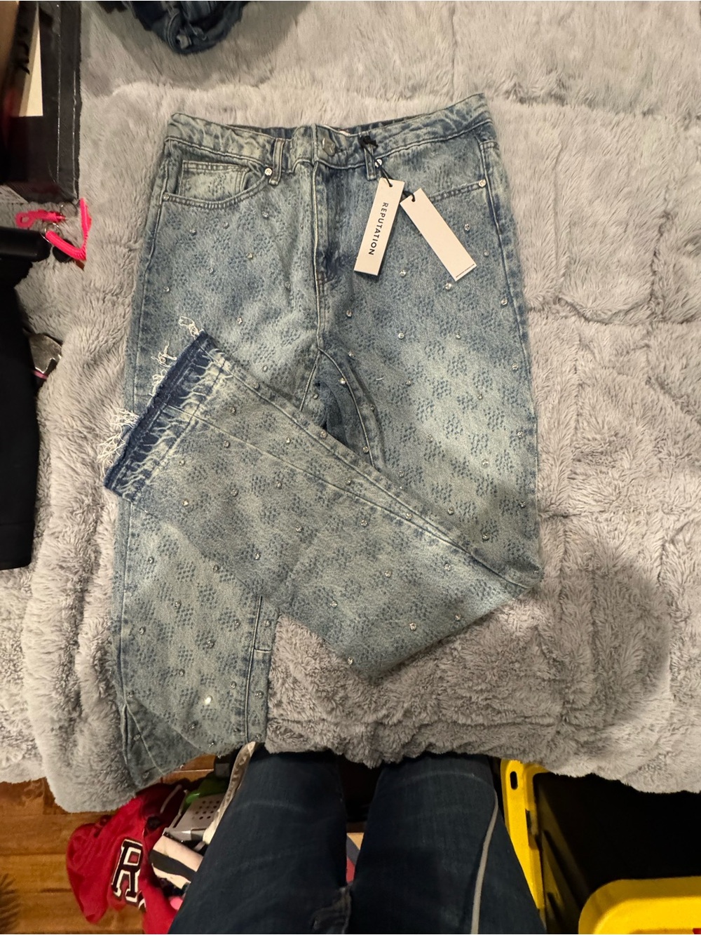 Men's Light Blue Bootcut Jeans with Rhinestone Detail - Unbranded